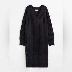H&M Sweater Dress, V-Neck Rib-Knit Calf Length Black Women's Size Small/Medium